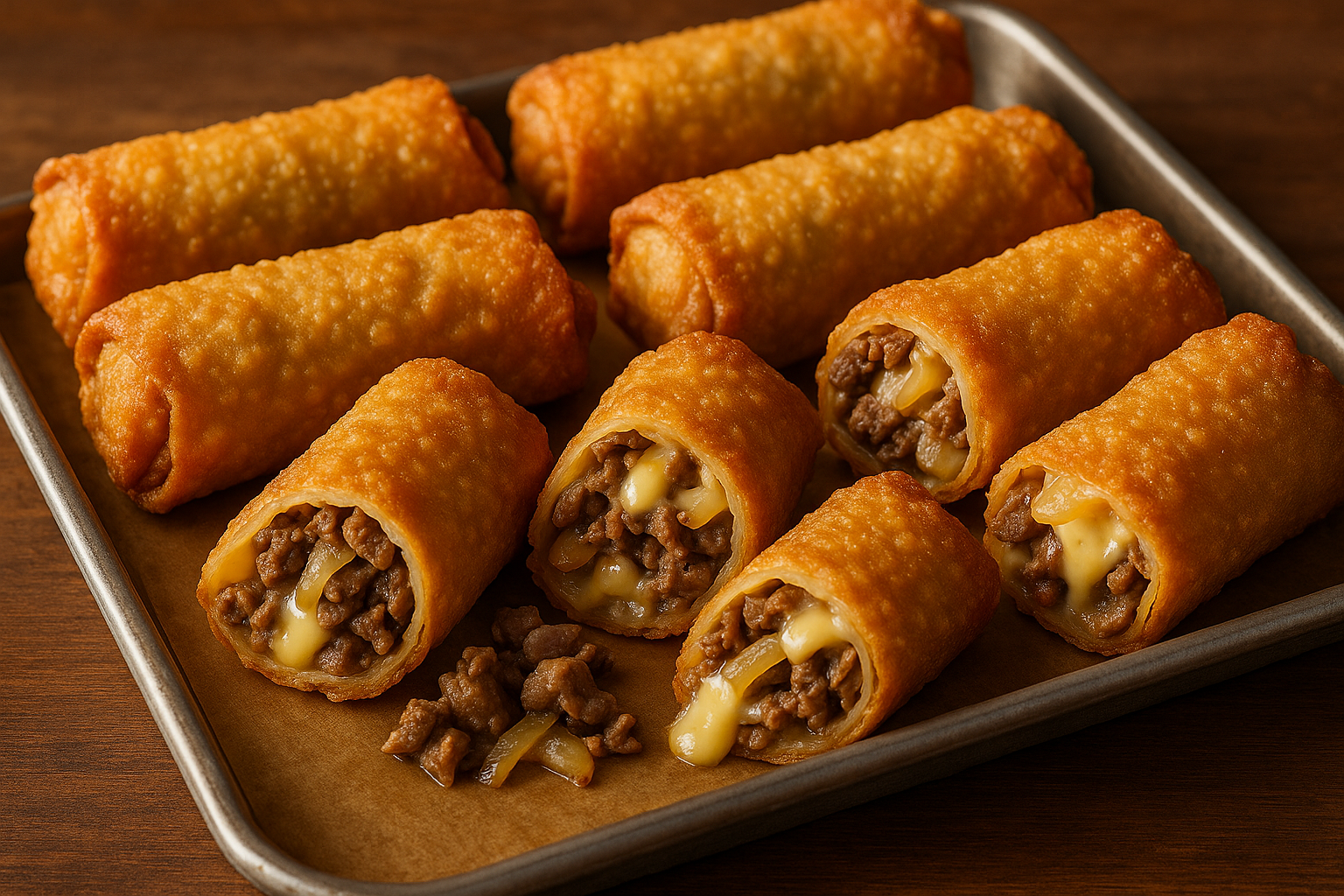 cheesesteak eggrolls on tray
