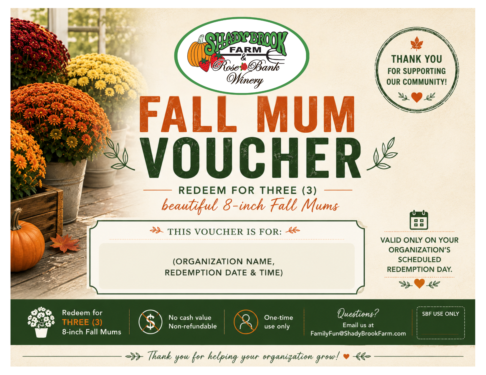 A Fall Mum Voucher card from Shady Brook Farm Nursery & Greenhouse Winery, featuring a warm autumnal design with mums, a pumpkin, and text redeeming for three 8-inch fall mums.