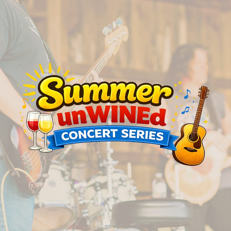 Promotional graphic for 'Summer unWINEd Concert Series' with guitars and wine glasses.