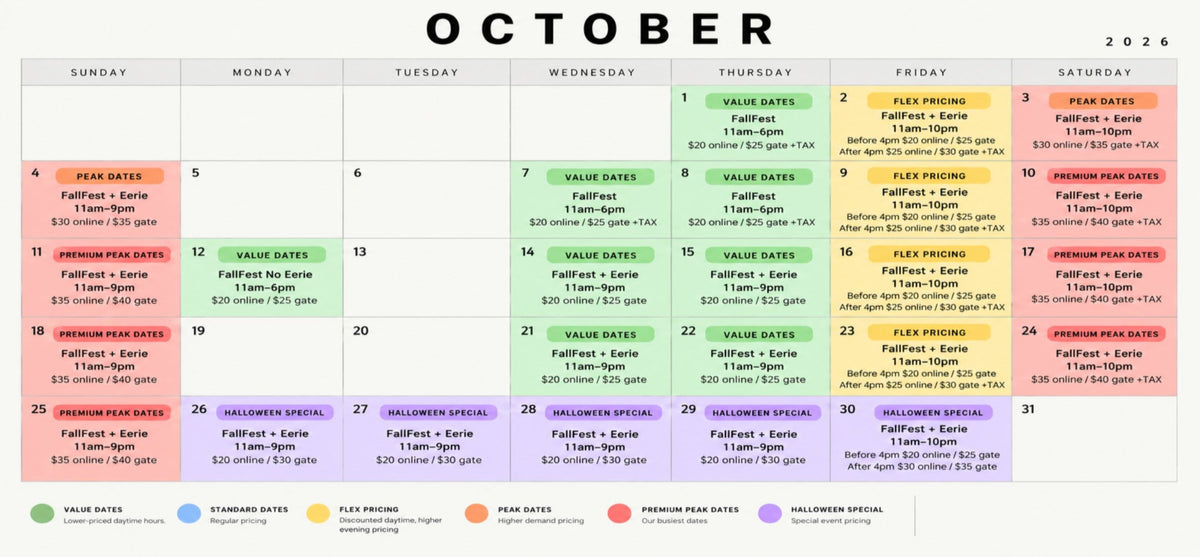 A 2026 October calendar grid showing weekly pricing categories for fitness and gym memberships, with colored date blocks and a legend at the bottom.