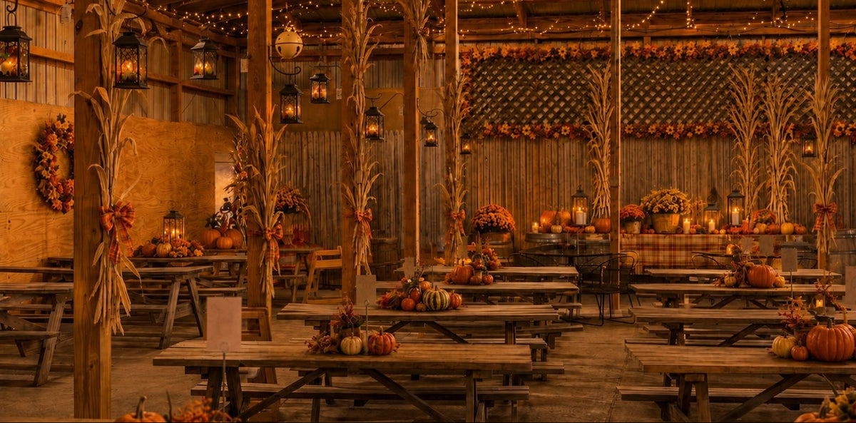 A rustic barn interior decorated for autumn, with wooden picnic tables, string lights, lanterns, pumpkins, corn stalks, and floral arrangements.