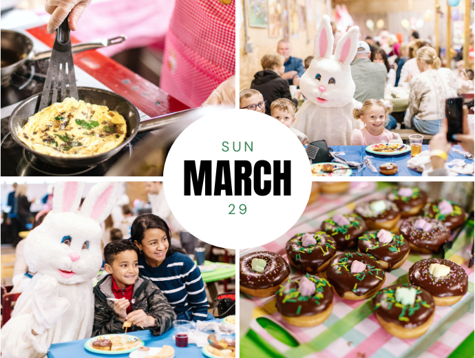 Collage of Easter-themed events including a bunny, children, and donuts.