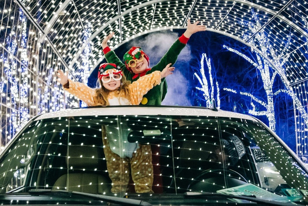 Kids in a car in at holiday light show tunnel at Shady Brook Farm.