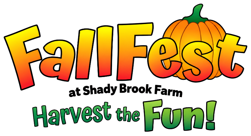 Promotional graphic for FallFest at Shady Brook Farm, featuring large stylized orange-to-yellow gradient lettering with a pumpkin illustration integrated into the word 'Fest,' plus the phrase 'Harvest the Fun!' in green on a white background.