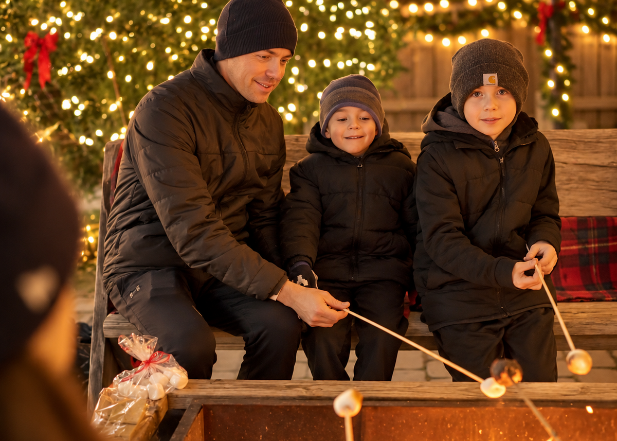A father and two sons sit on a wooden bench by a lit campfire at night, roasting marshmallows on sticks. The background features warm holiday lights and garlands.