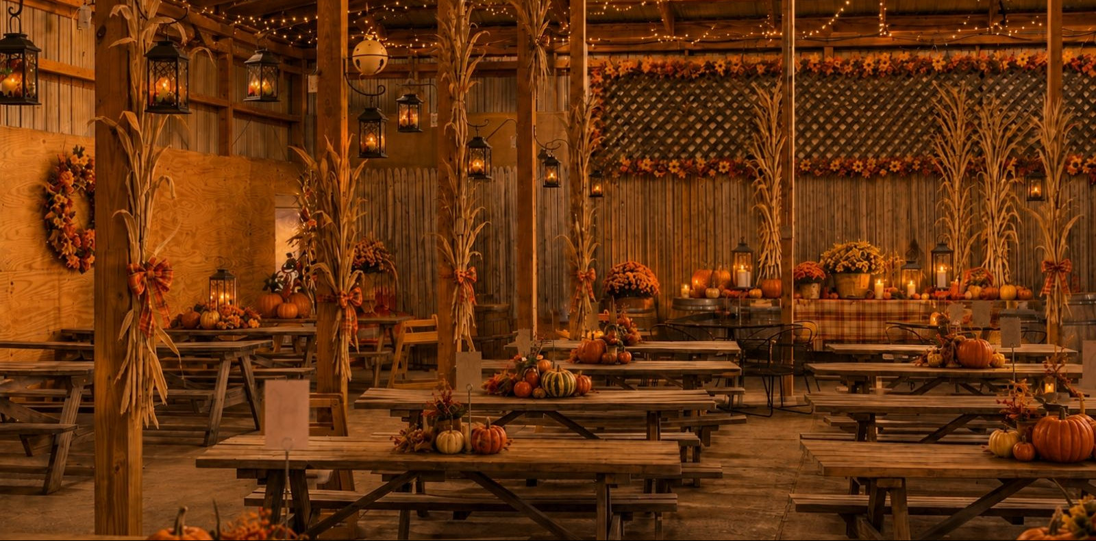 A rustic barn interior decorated for autumn, with wooden picnic tables, string lights, lanterns, pumpkins, corn stalks, and floral arrangements.